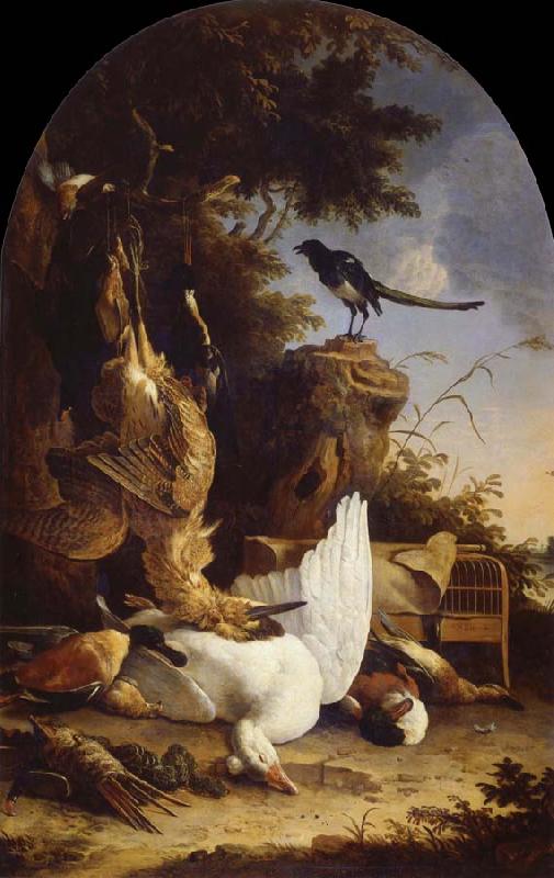 REMBRANDT Harmenszoon van Rijn A hunter-s Bag near a tree stump with a magpie,known as the contemplative Magpie oil painting image